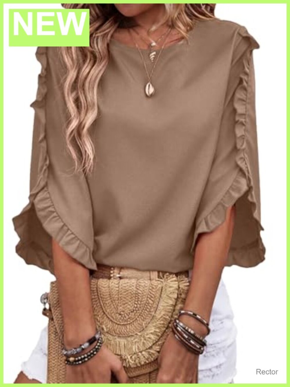 Womens 3/4 Sleeve Blouse Ruffle Crewneck Dressy Casual Work Top